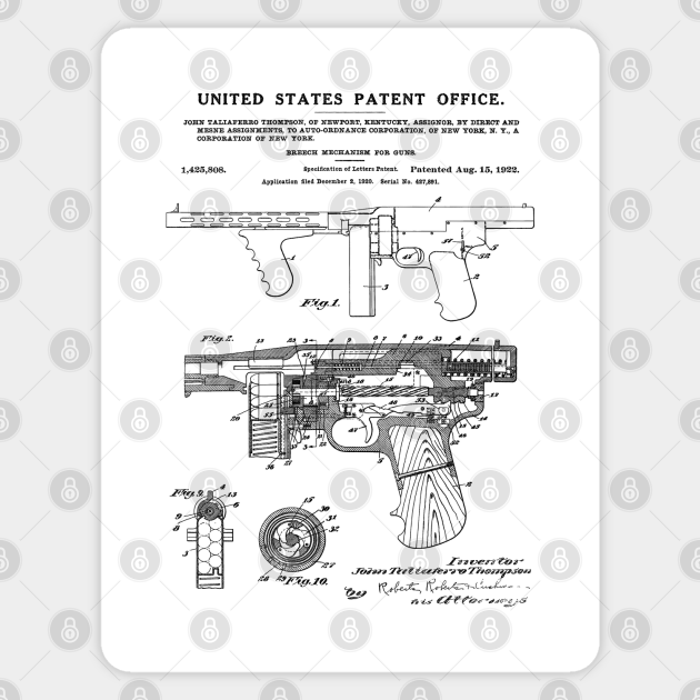 Thompson Submachine Gun Patent Black Gun Sticker TeePublic